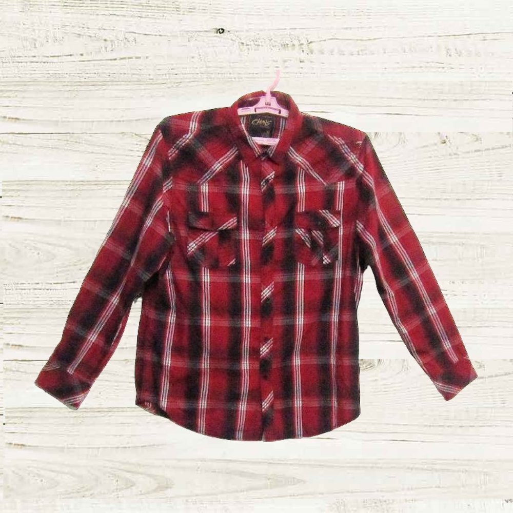 Chalc size XL mens shirt  red burgundy plaid long sleeves